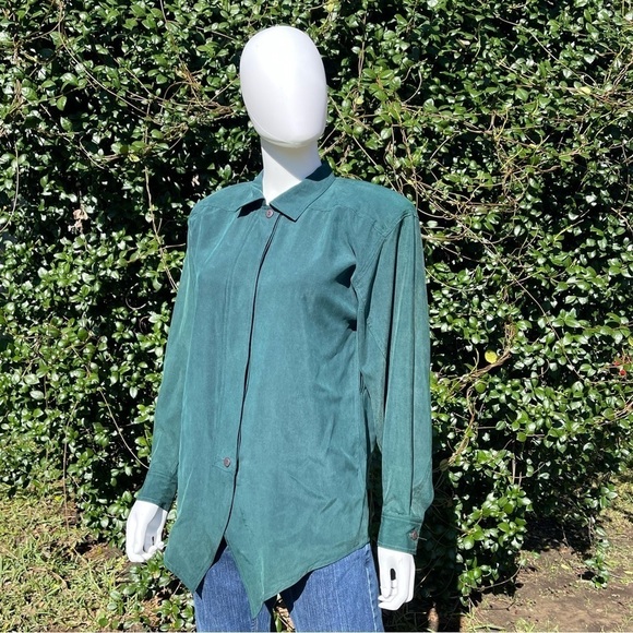 JUST Silk 100% Silk Button Down Forest Green LongSleeve Dress Shirt - Picture 9 of 13